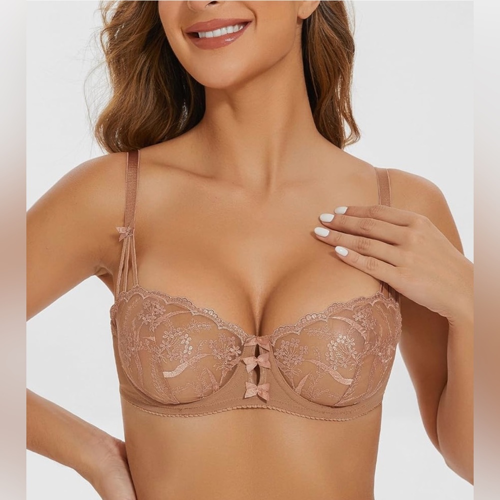 Women's Floral Lace Bra Sexy Sheer Bra Non-Padded Sexy Balconette Bra